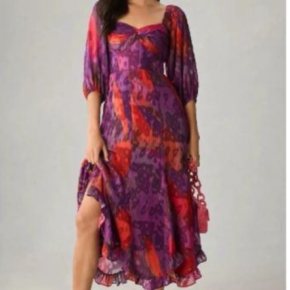Anthropologie Hutch Printed Twist-Front Puff-Sleeve Ruffle-Hem Dress Size 1X NWT